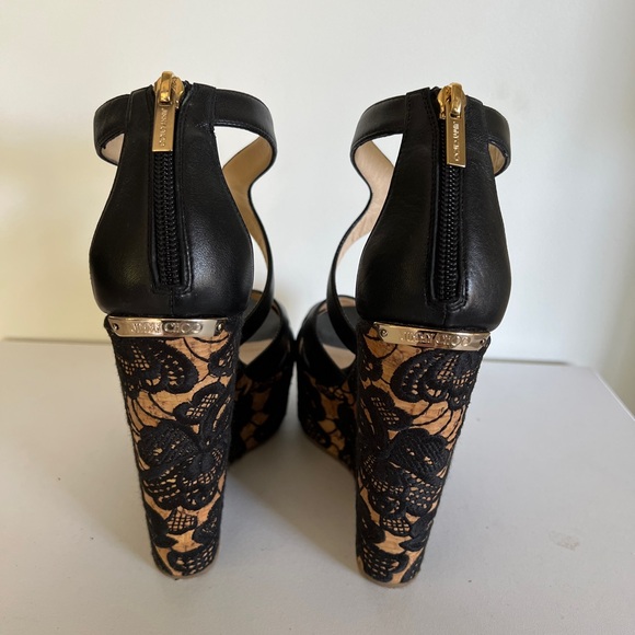 Jimmy Choo Black Leather Parrow Lace Wedge Platform Sandals Size 36.5 - Picture 7 of 10